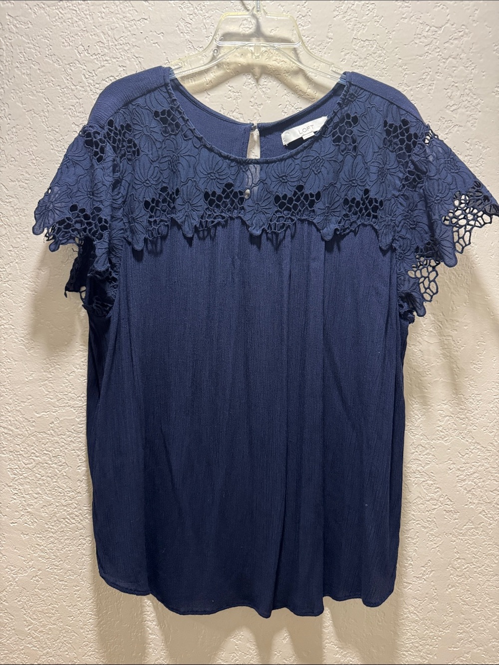LOFT Navy Crochet Yoke Short Sleeve Blouse